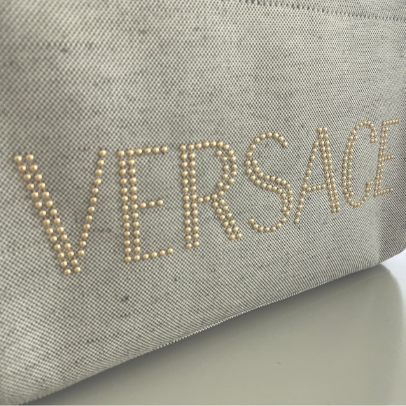 VERSACE Logo Small 2way Tote Shoulder Bag Canvas Leather Gray - Picture 6 of 15